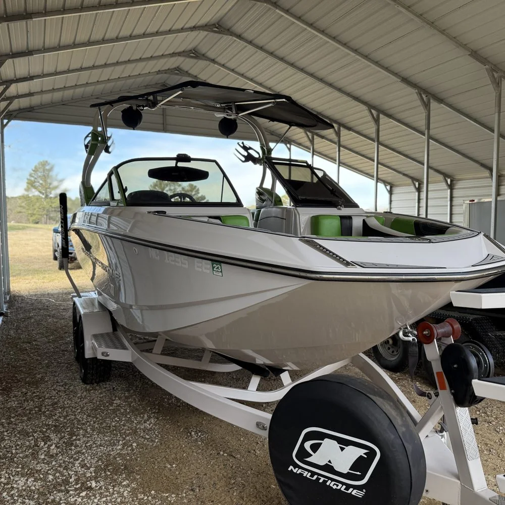 Nautique wake boat on its trailer after a detail